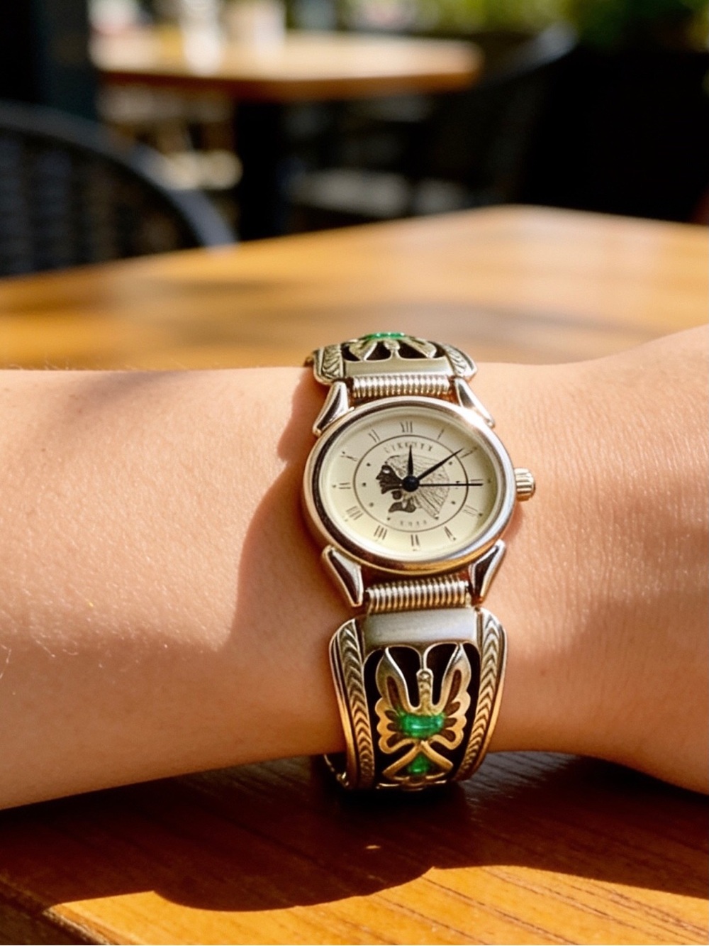 Ladies Sterling Turquoise/Coral Inlay Thunderbird Tips Indian Head Watch Stretch